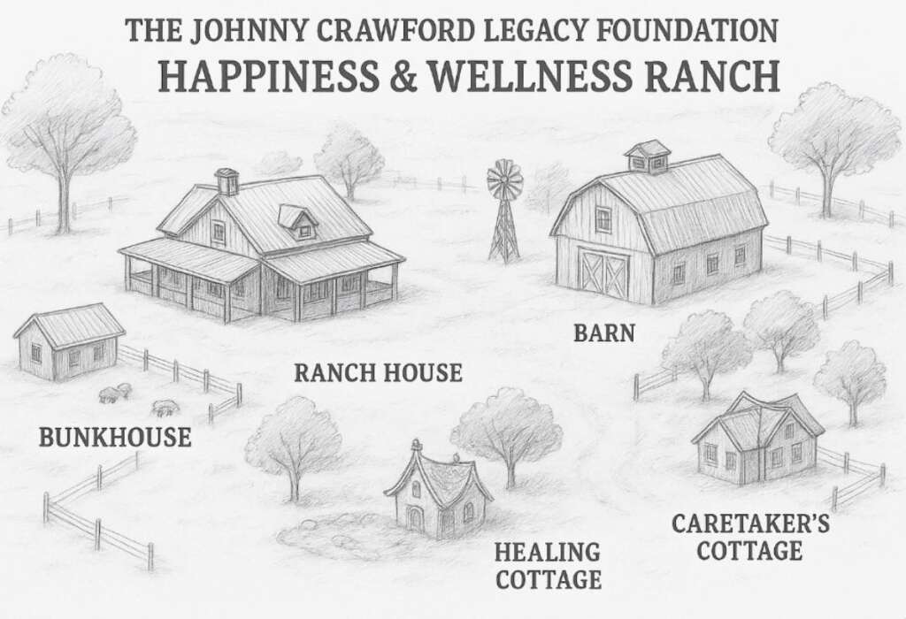 A pencil sketch of a ranch house, barn, bunkhouse, healing cottage and caretaker's cottage surrounded by a fence with trees and open spaces between the structures, labeled The Johnny Crawford Legacy Foundation Happiness and Wellness Ranch